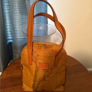 Map Print Leather Tote Bag